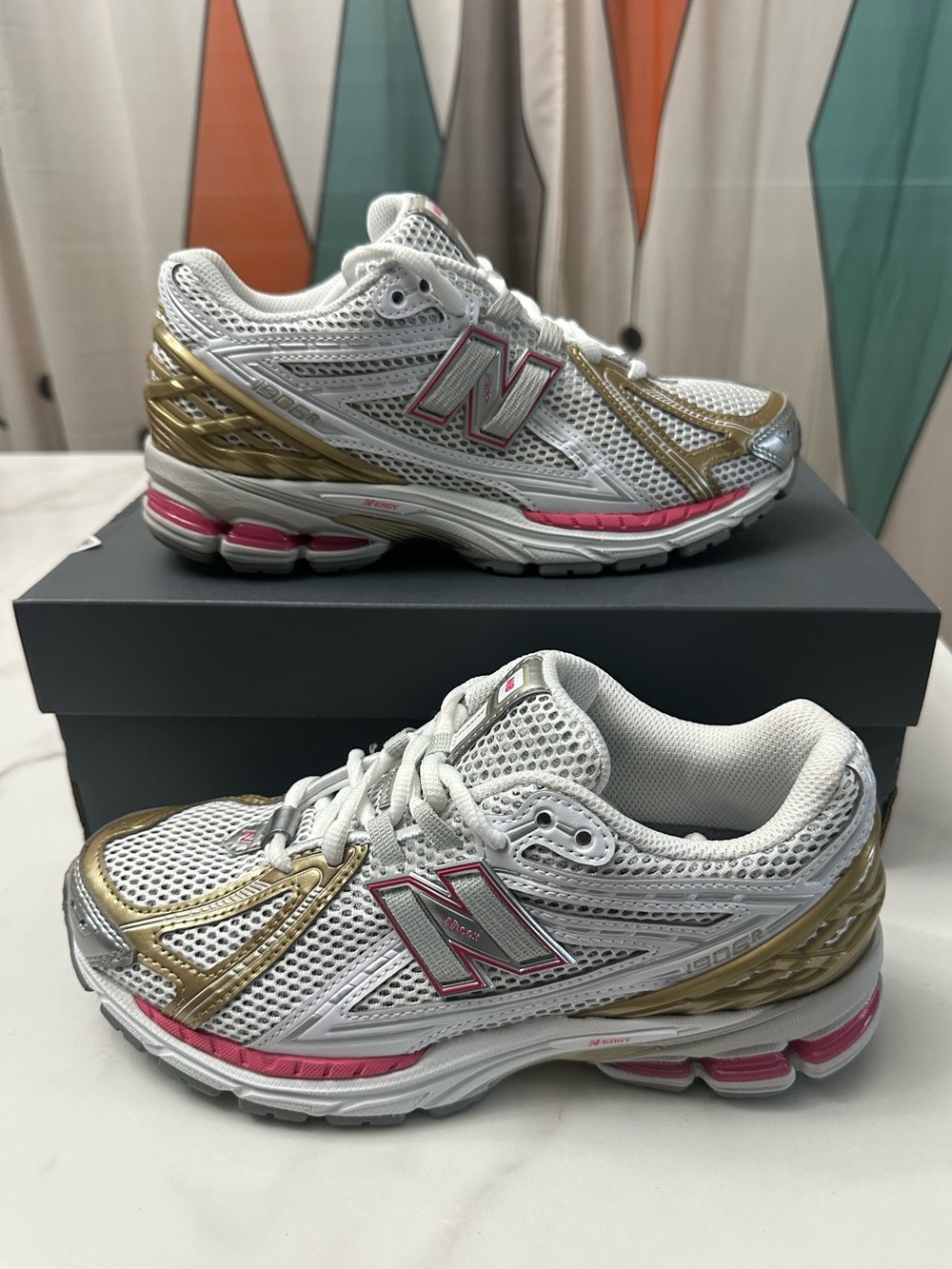 New Balance White Sneakers with Gold and Pink Accents 7